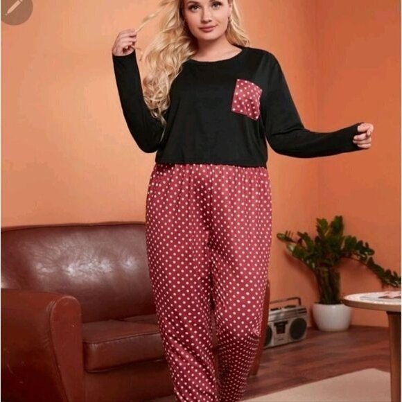 PLUS SIZE POLKA DOT TWO PIECE LOUNGEWEAR - Picture 1 of 8